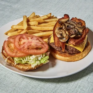The “Works” Burger (Bacon, Cheese, Mushr